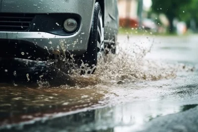 Car Driving Through A Deep Puddle