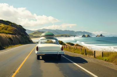 Vintage Car With Surfboard On Coastal Highway