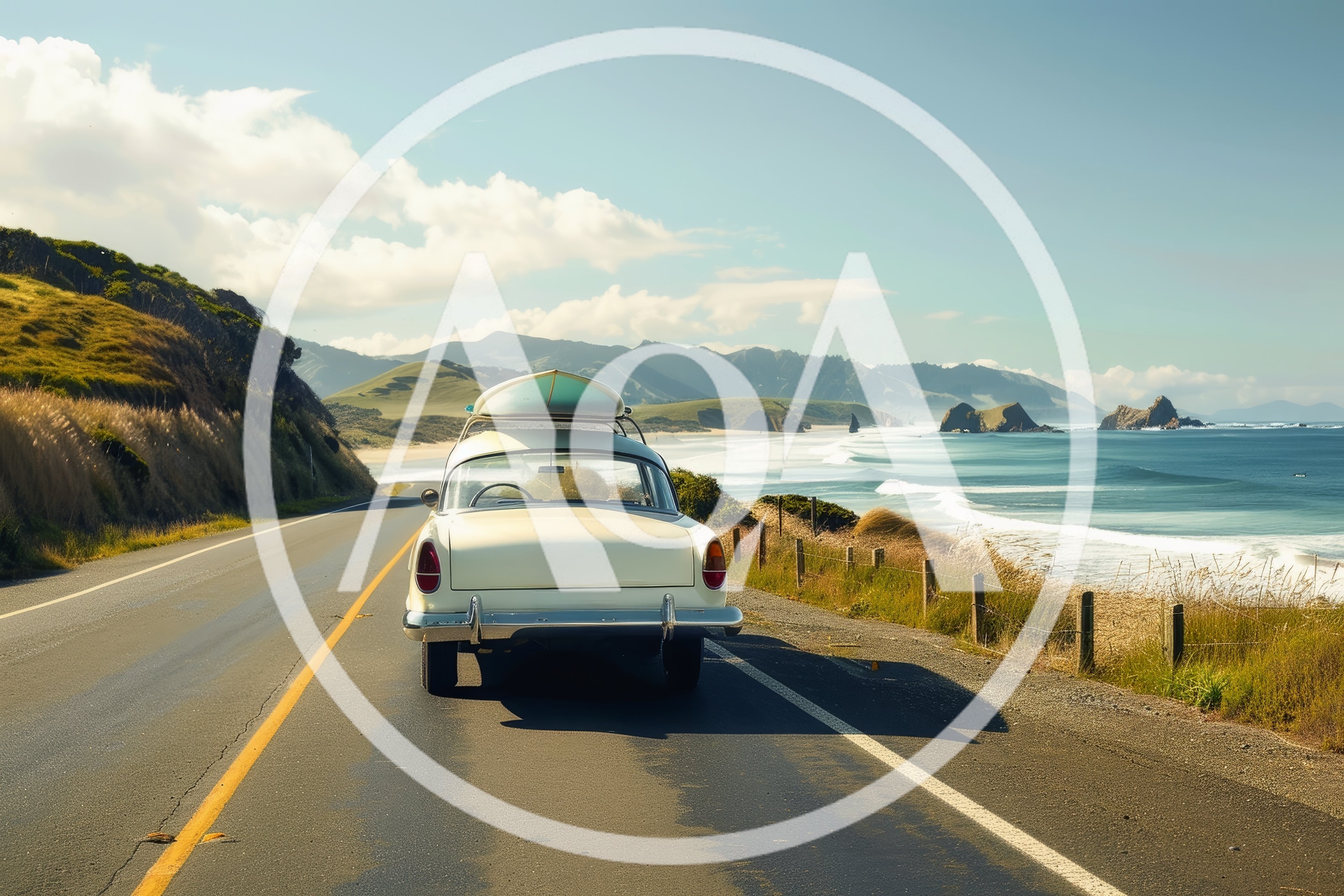 Vintage Car With Surfboard On Coastal Highway