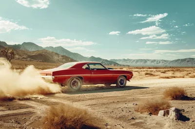Red Muscle Car Drifting On Desert Dirt Road