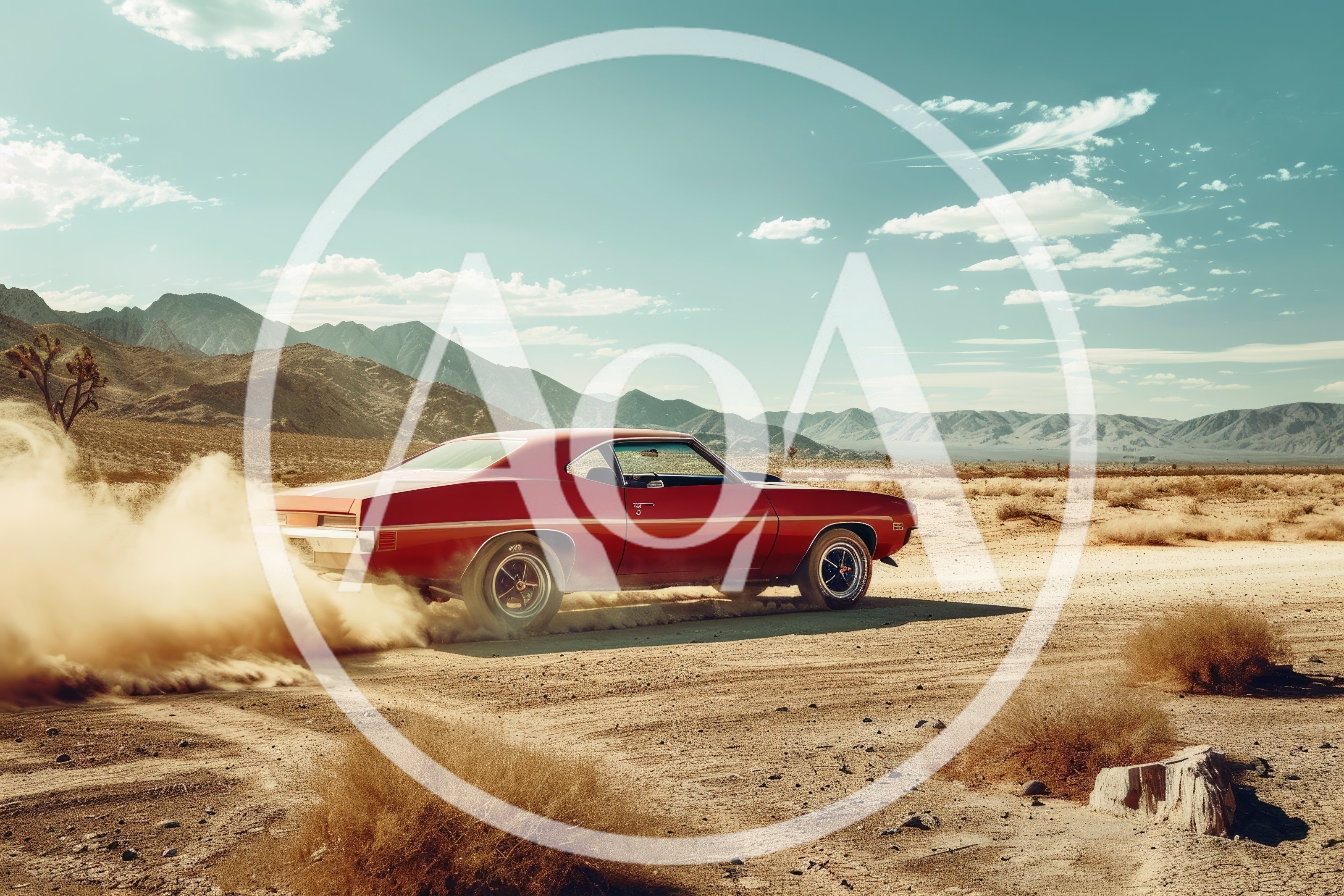 Red Muscle Car Drifting On Desert Dirt Road