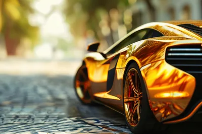Golden Supercar Parked On A Cobblestone Street