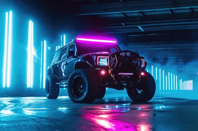 Modified Off-Road SUV in Neon Lit Underground Garage