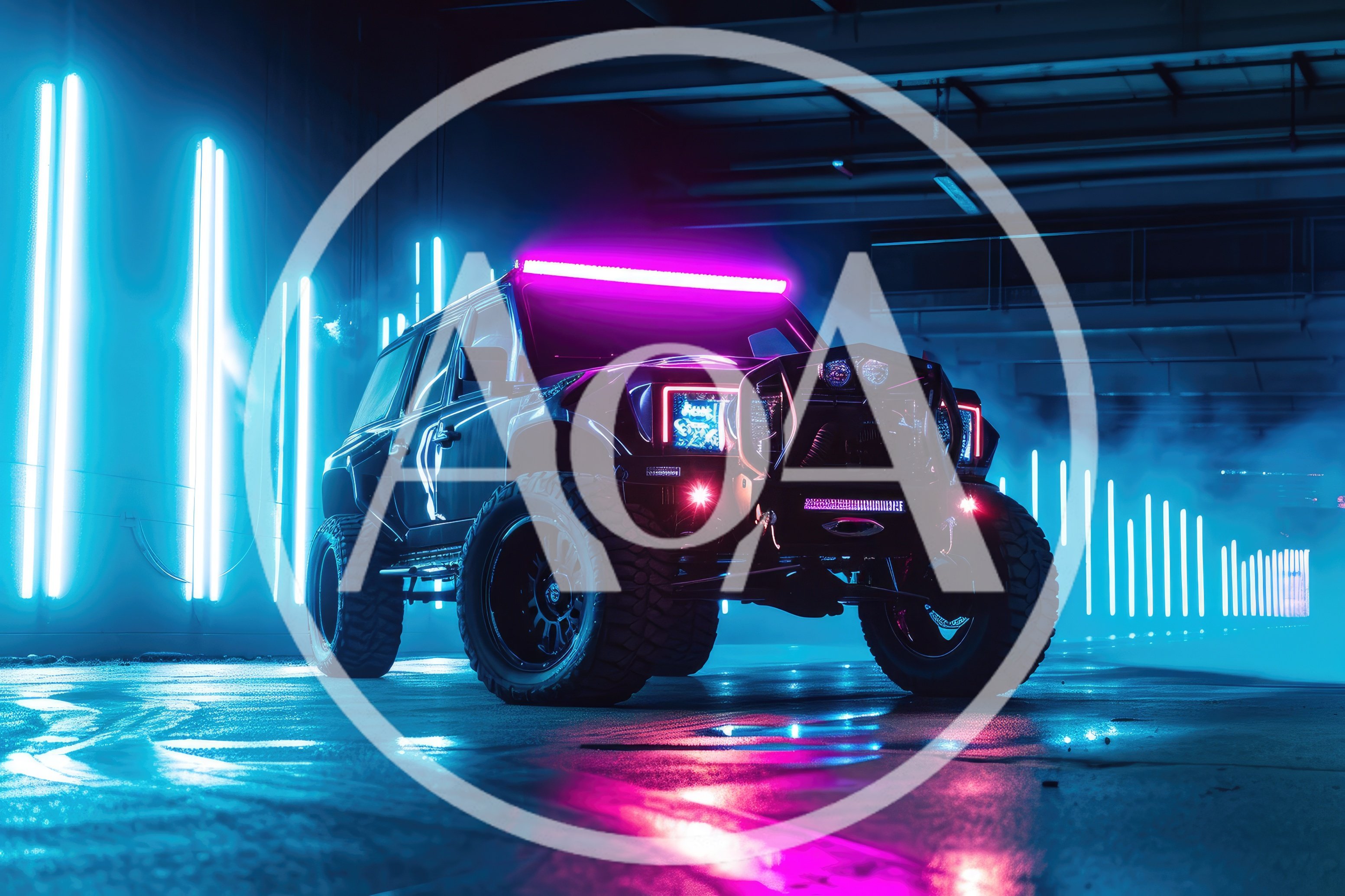 Modified Off-Road SUV in Neon Lit Underground Garage