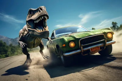 Tyrannosaurus Rex Chasing A Vintage Green Car