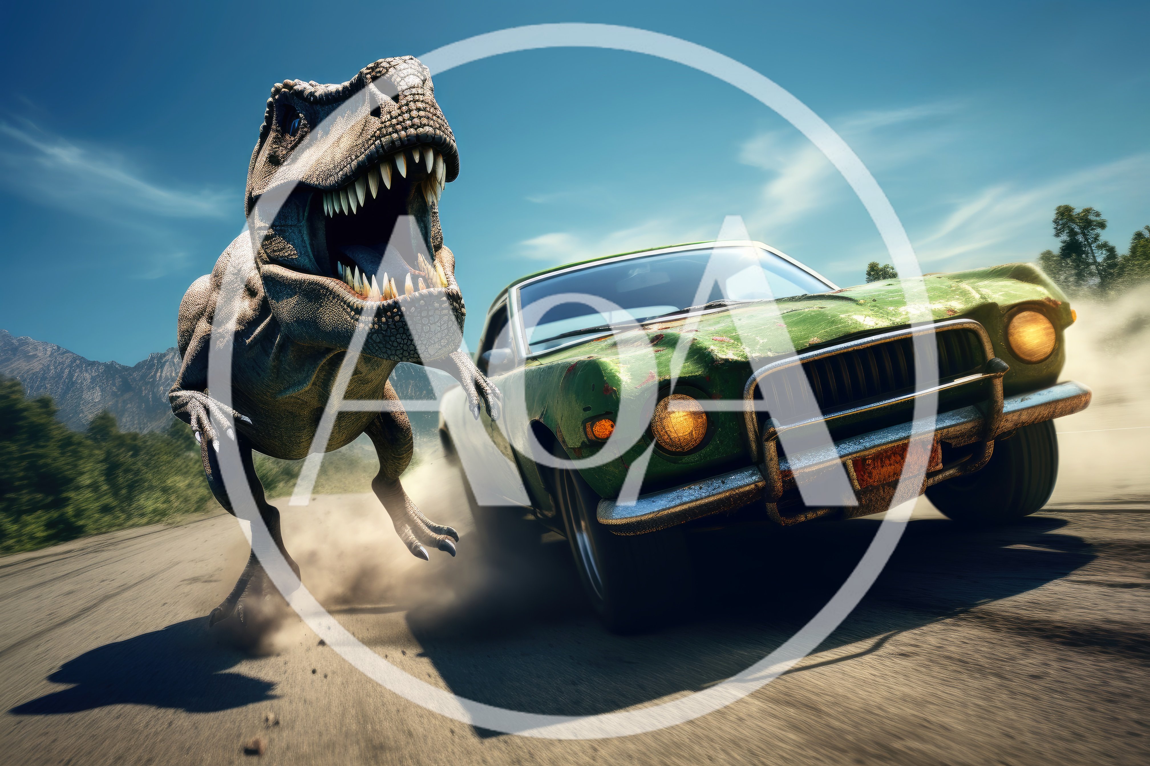 Tyrannosaurus Rex Chasing A Vintage Green Car