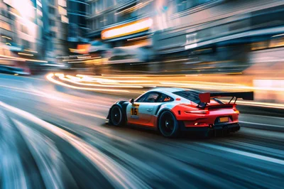 Racing Porsche 911 GT3 R Speeding Through City Streets