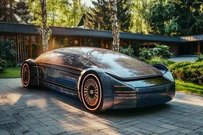 Futuristic Solar Powered Concept Car Parked Outdoors