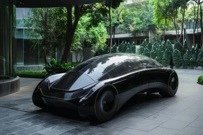 Futuristic Black Concept Car Parked in Modern Courtyard
