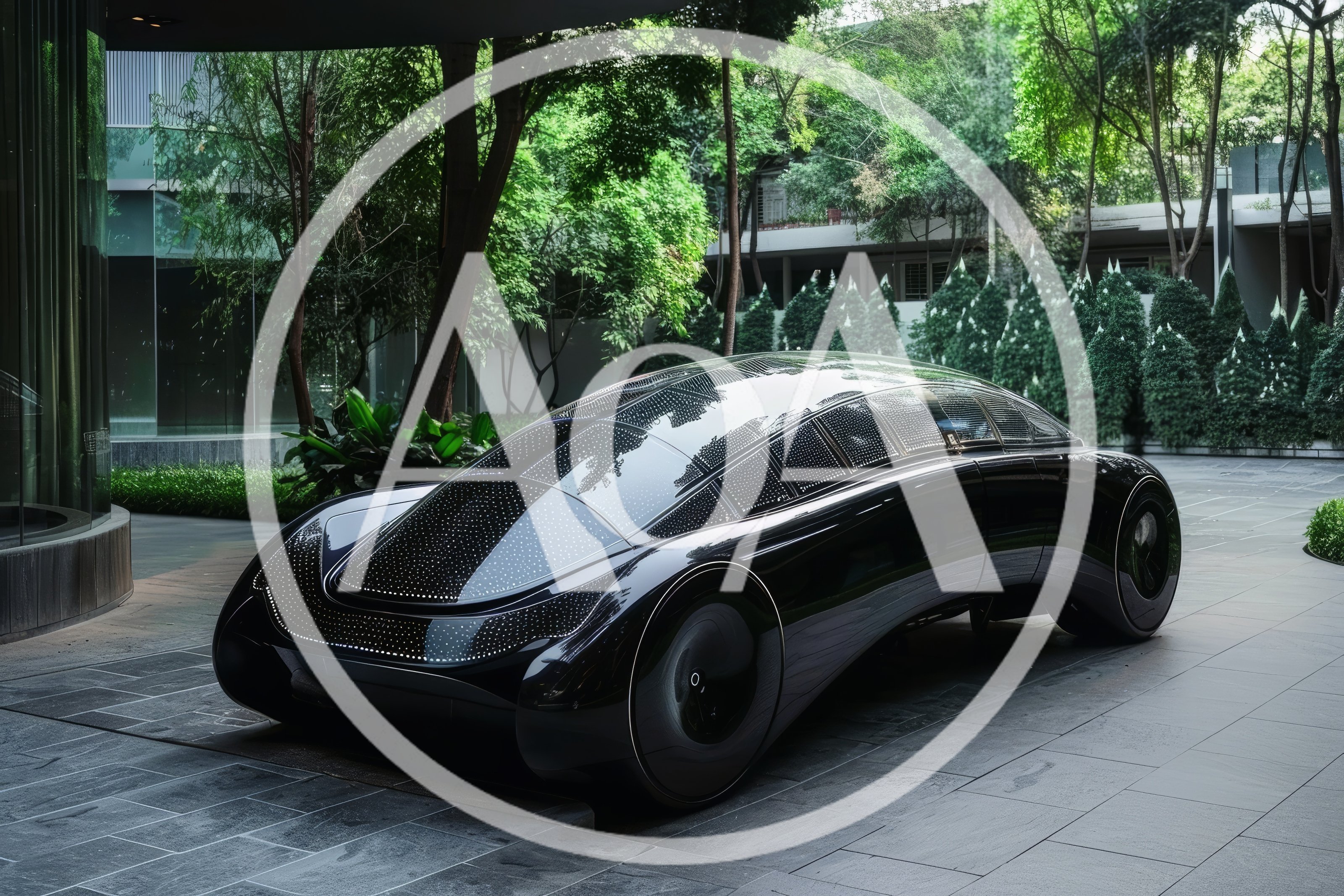 Futuristic Black Concept Car Parked in Modern Courtyard