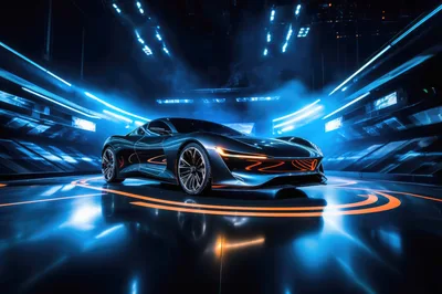 Futuristic Concept Sports Car in Neon Showroom