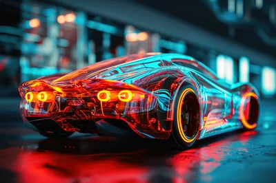 Futuristic Transparent Sports Car With Glowing Neon Lights