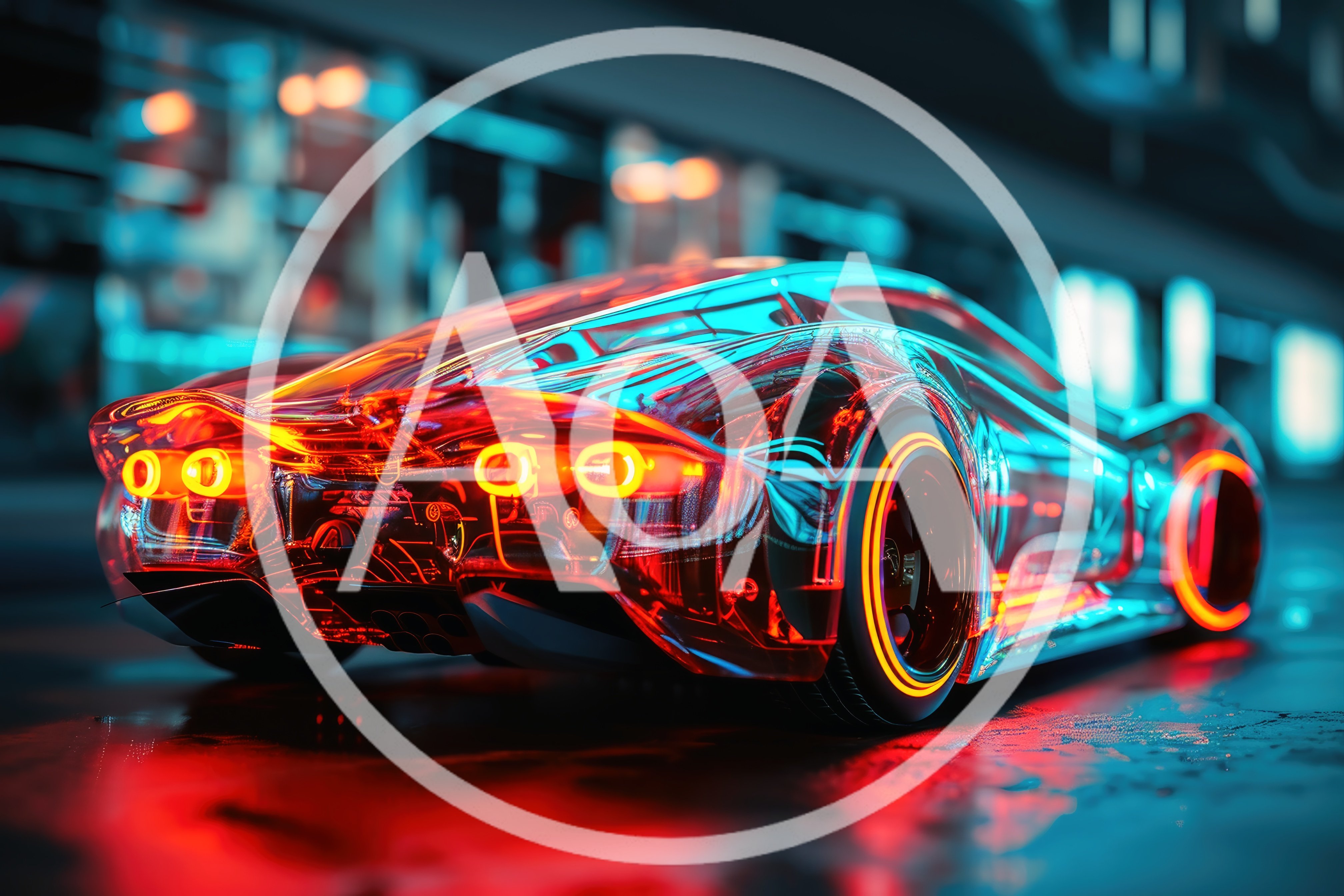 Futuristic Transparent Sports Car With Glowing Neon Lights