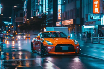 Modified Orange Nissan GT-R Driving Through Tokyo Streets