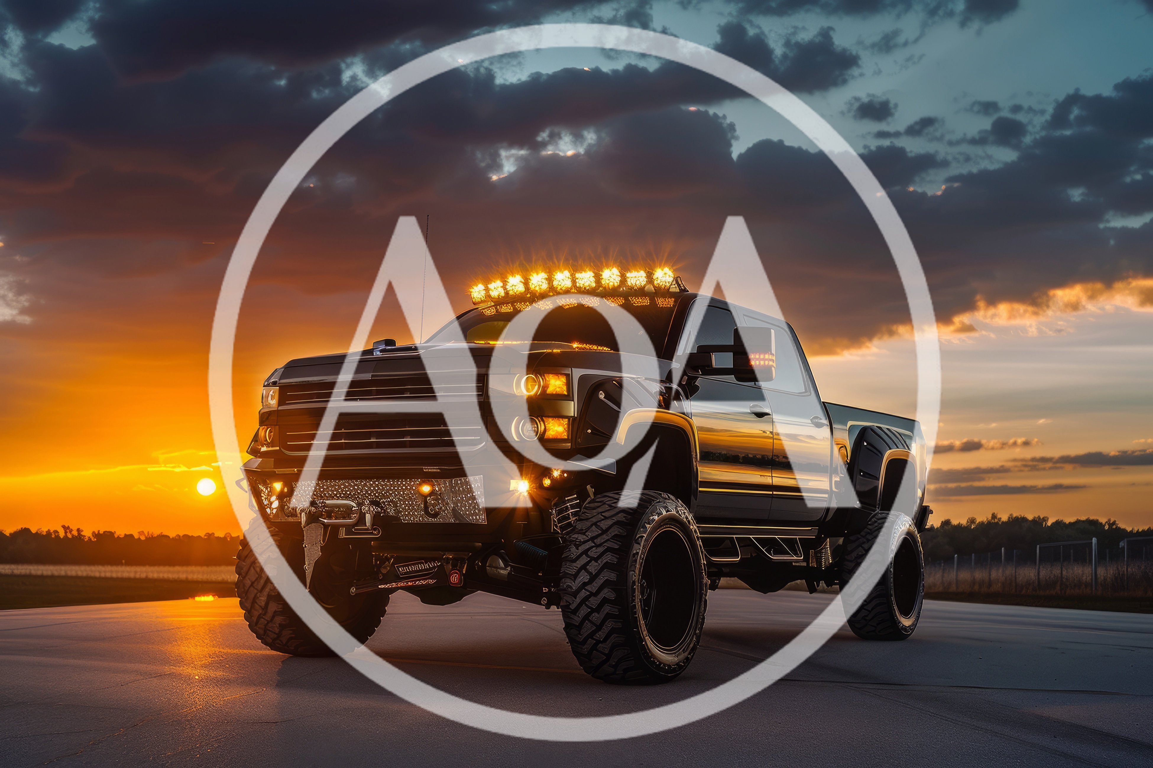 Custom Lifted Black Pickup Truck At Sunset