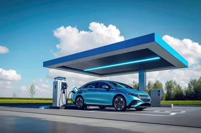 Electric Sedan Charging At A Modern Solar Station