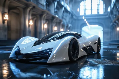 Futuristic White Concept Supercar In Grand Hall