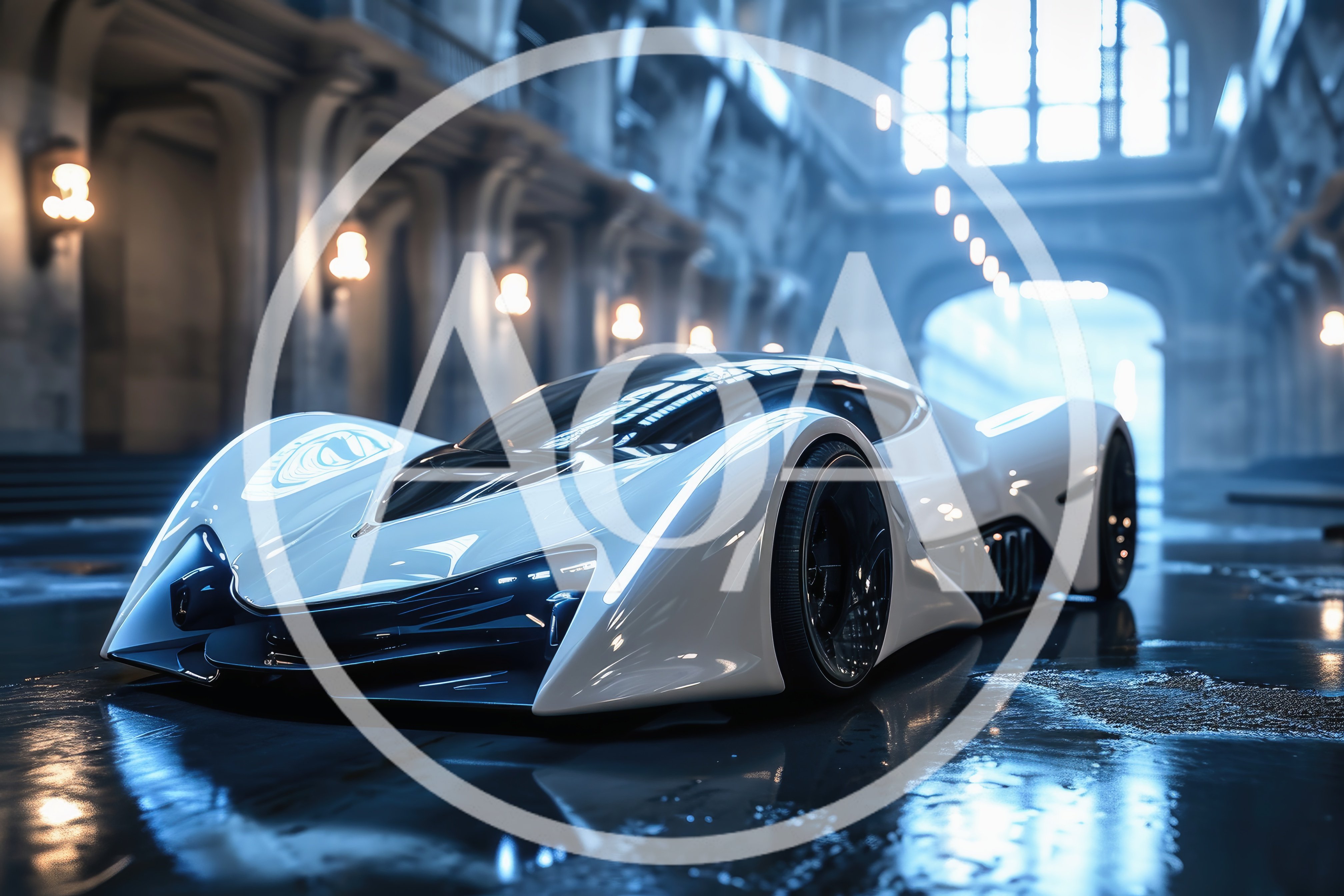 Futuristic White Concept Supercar In Grand Hall