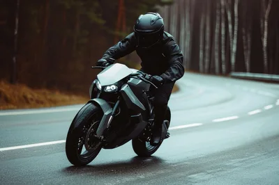 Motorcyclist Riding A Sportbike On A Wet Forest Road