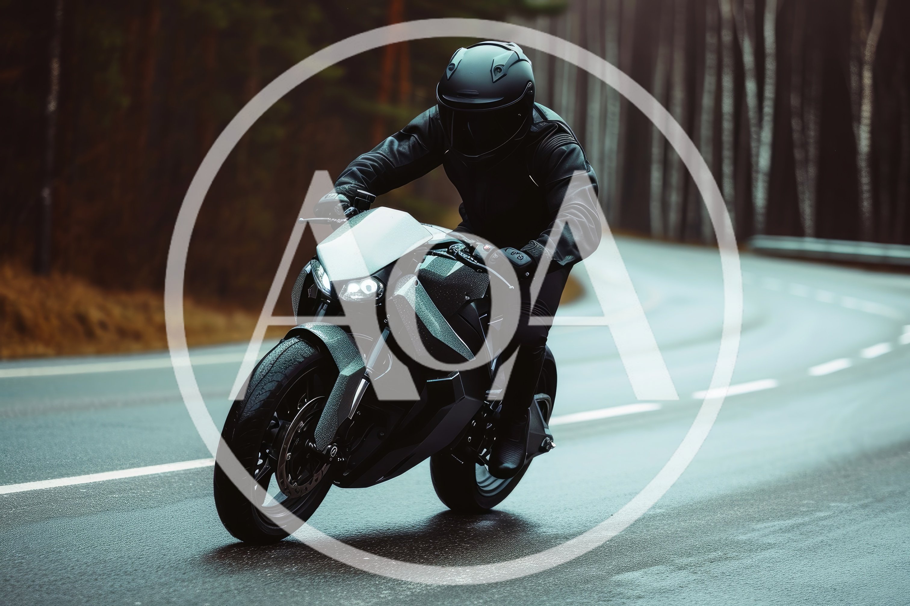 Motorcyclist Riding A Sportbike On A Wet Forest Road