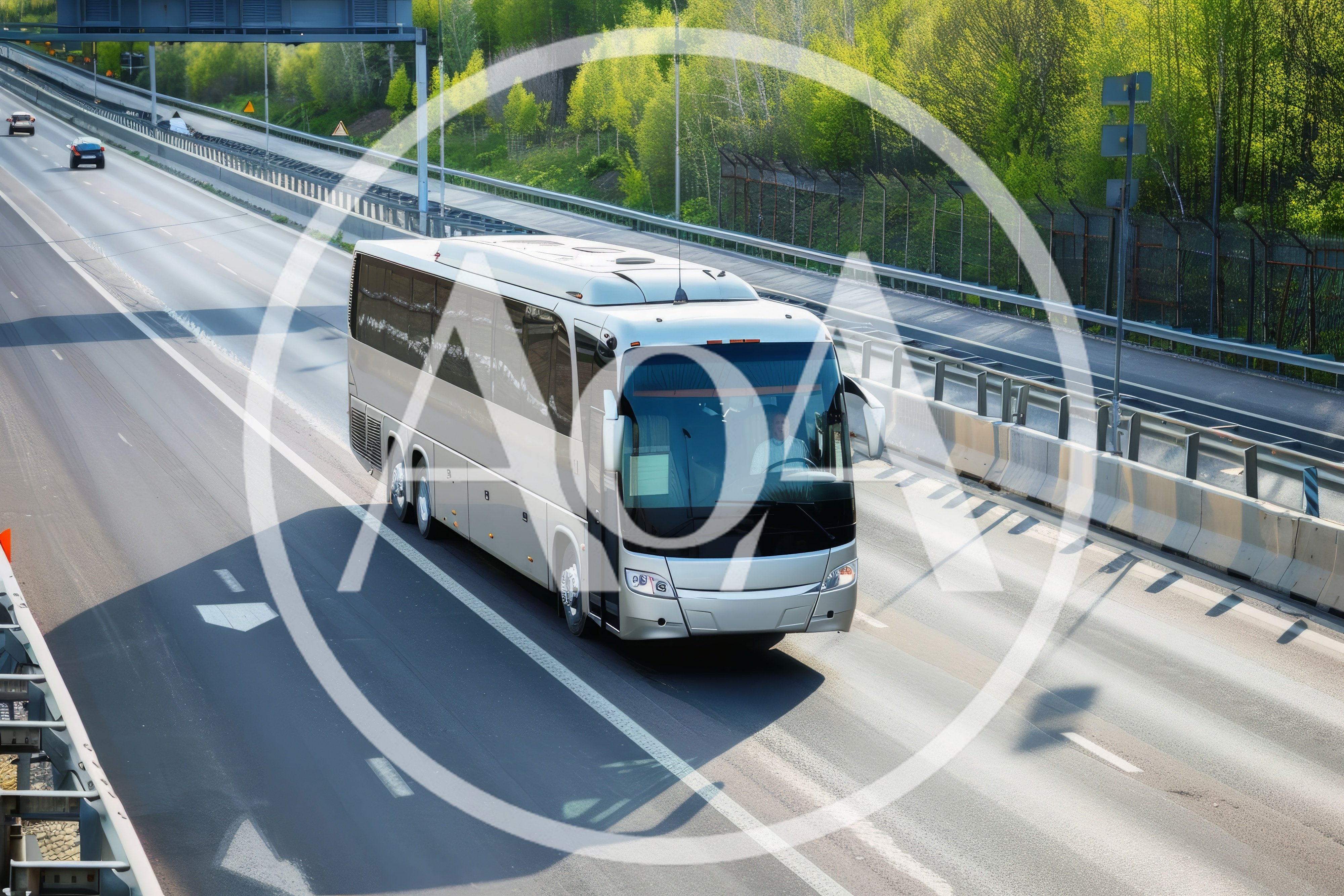 Silver Tour Bus Driving on Highway