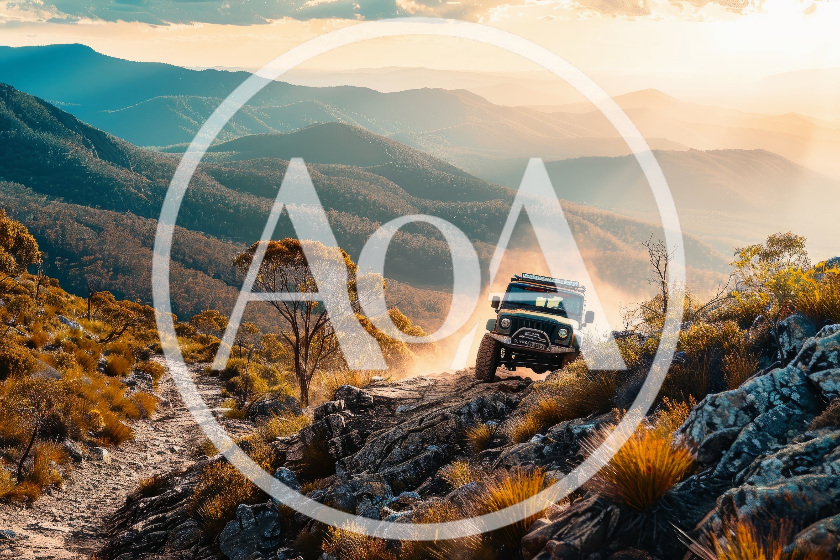 Off-Road Jeep Driving On Mountain Trail At Sunset