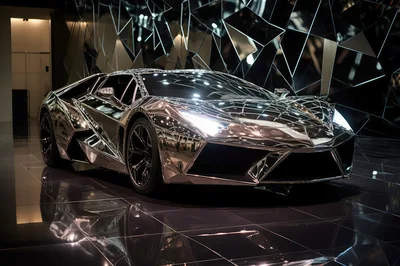 Chrome Lamborghini Supercar In Modern Geometric Showroom