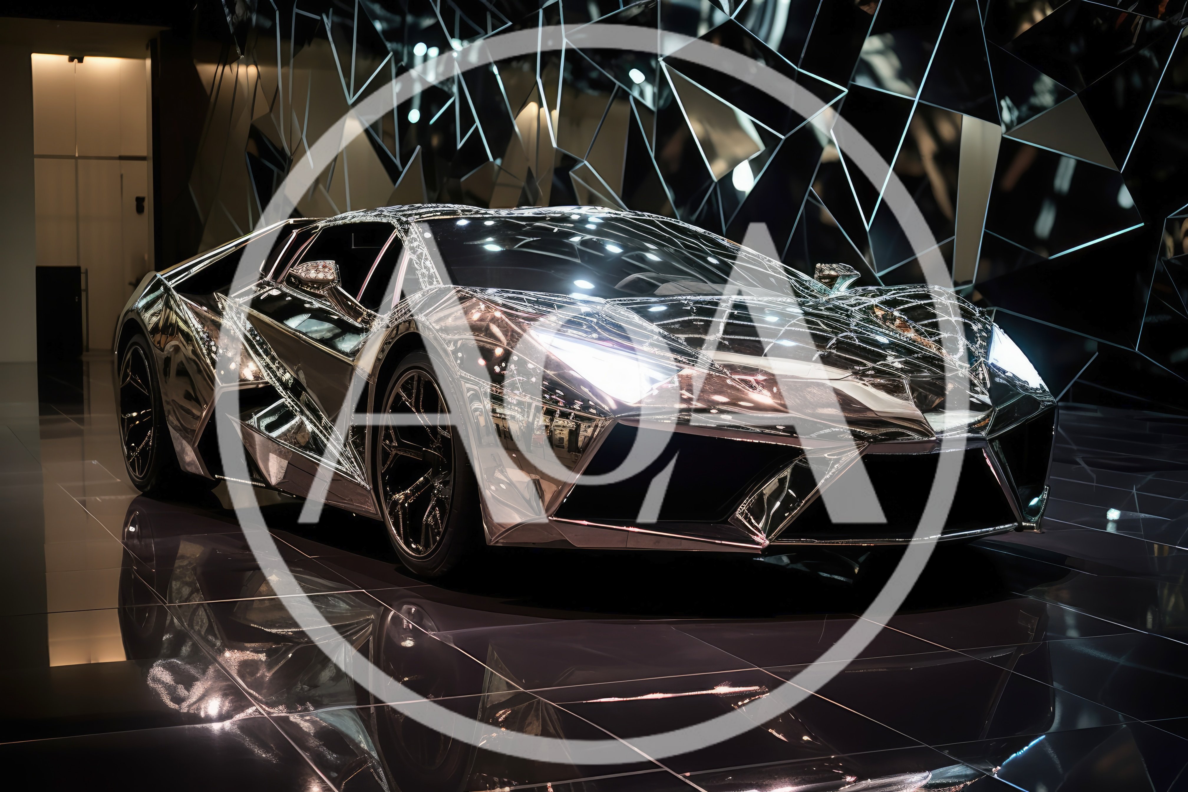 Chrome Lamborghini Supercar In Modern Geometric Showroom