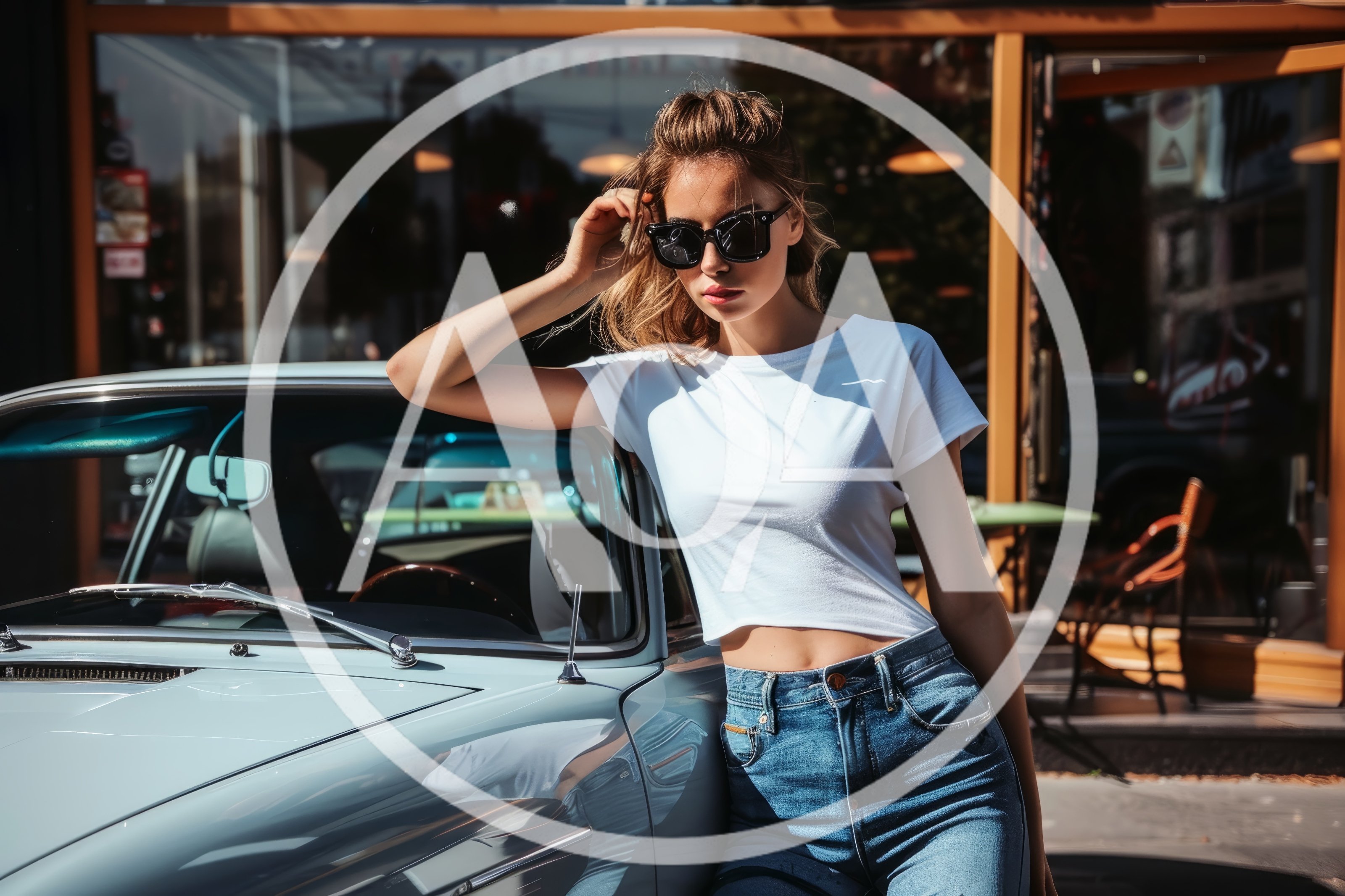 Stylish Young Woman Leaning Against A Vintage Car