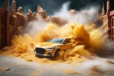 Modern Sedan Driving Through A Massive Sandstorm