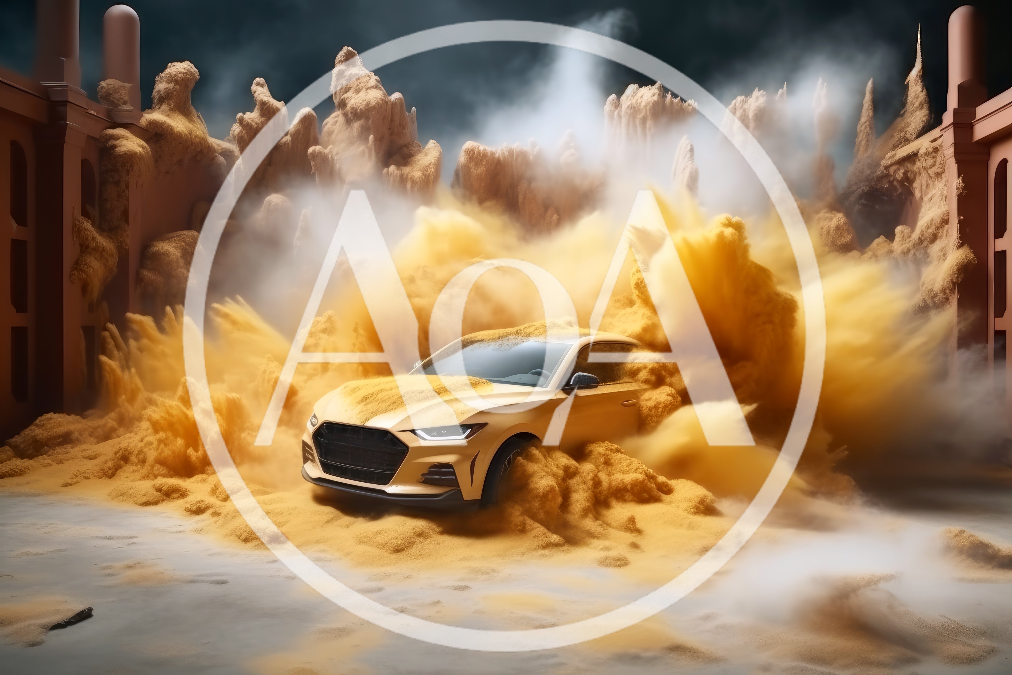 Modern Sedan Driving Through A Massive Sandstorm