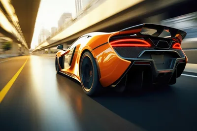 Orange Supercar Driving Fast on Urban Highway