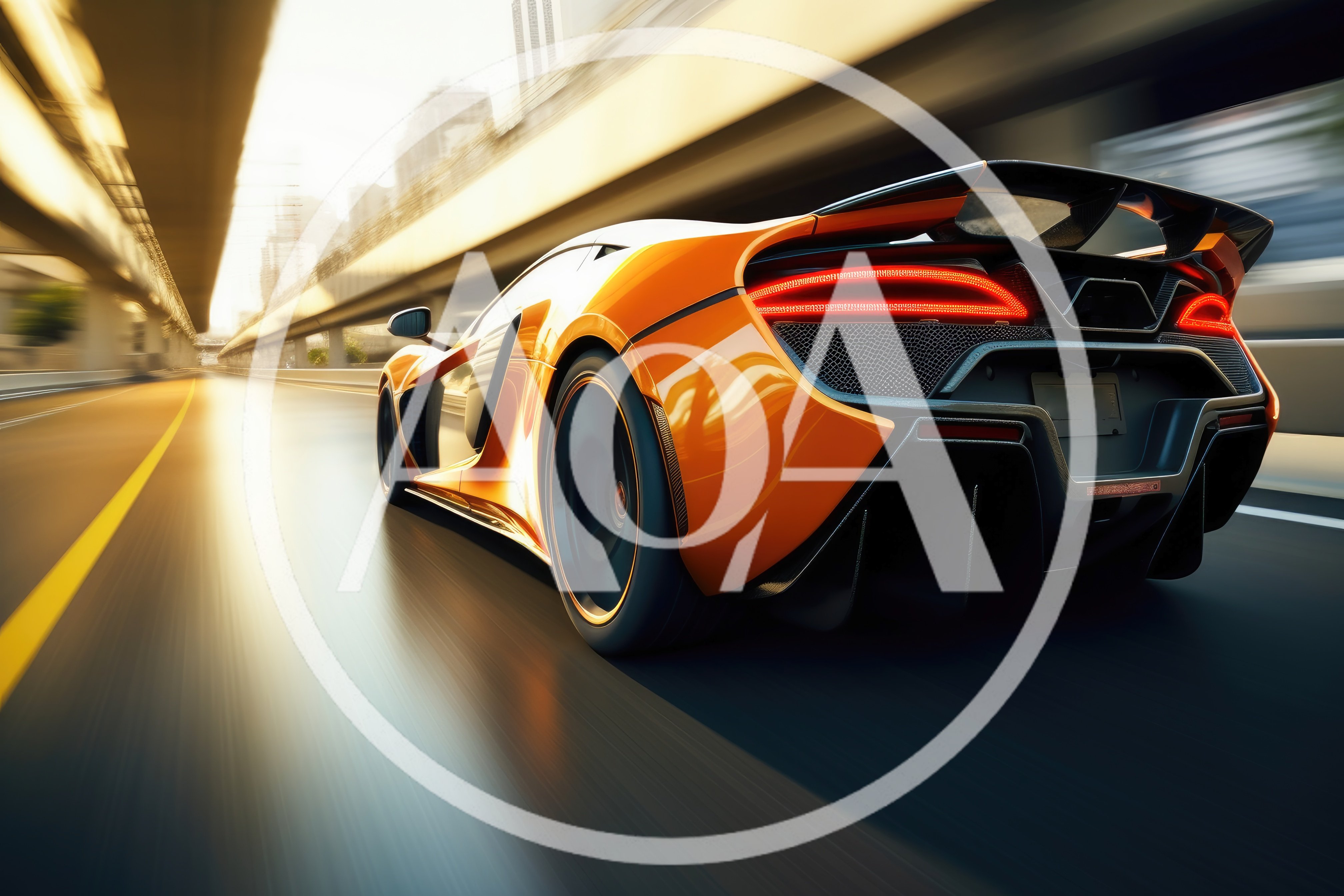 Orange Supercar Driving Fast on Urban Highway