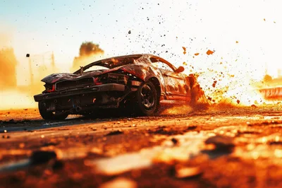 Damaged Sports Car Drifting Through Dust and Debris