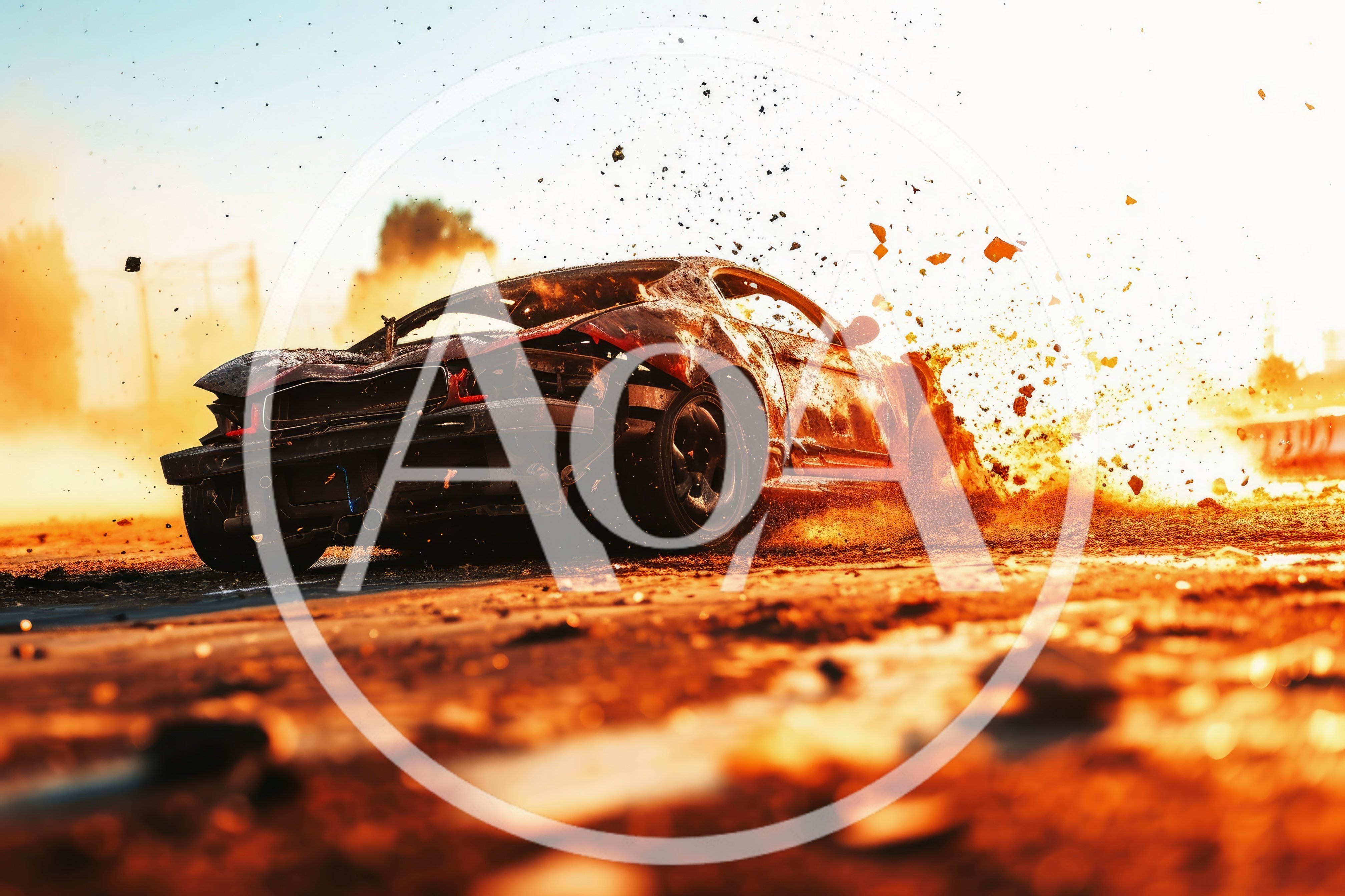 Damaged Sports Car Drifting Through Dust and Debris