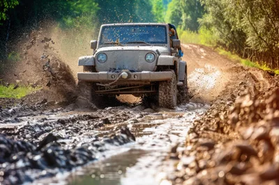 Off-Road Jeep Driving Through Muddy Forest Trail