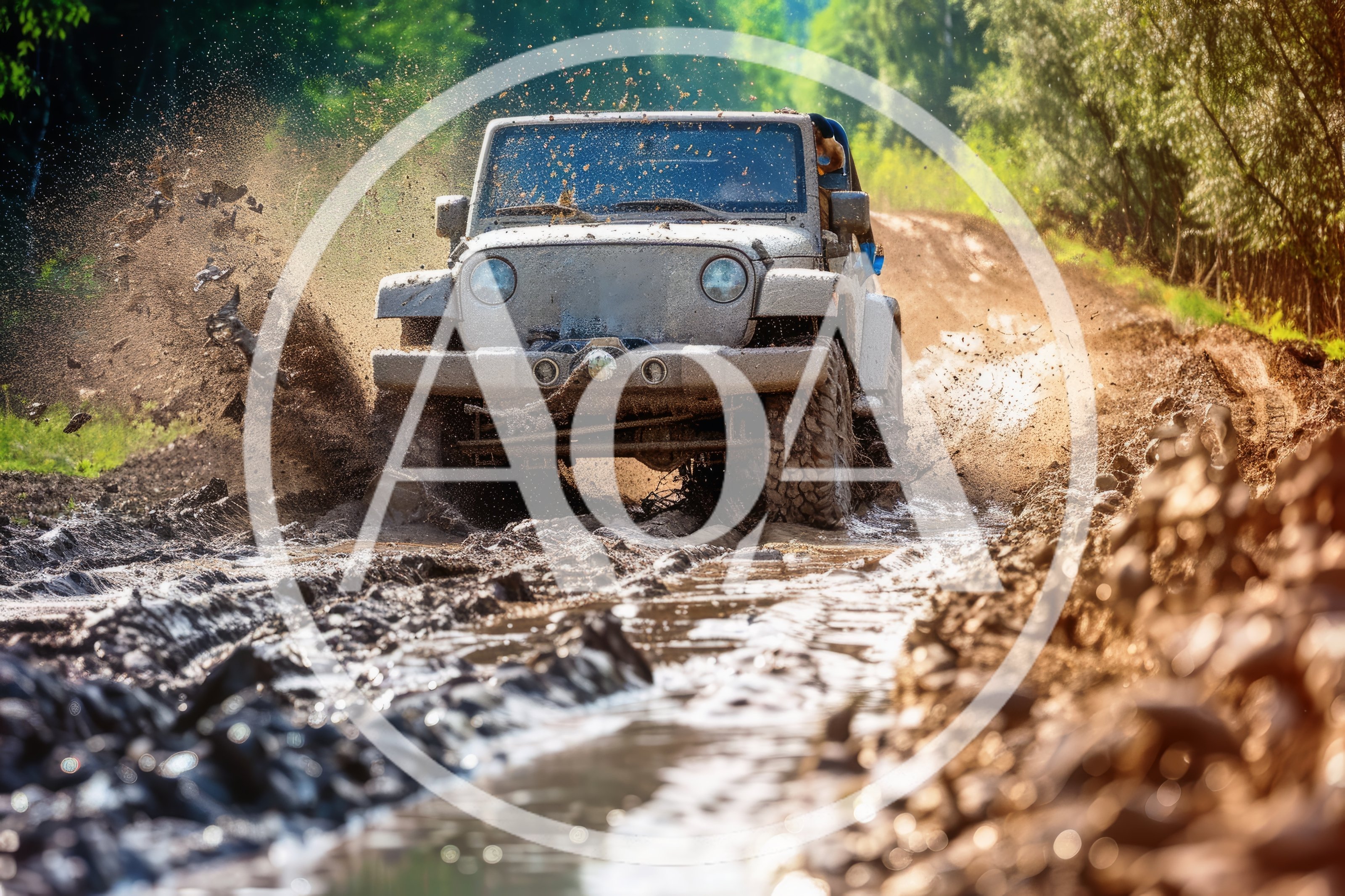 Off-Road Jeep Driving Through Muddy Forest Trail