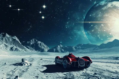 Vintage Red Sports Car Parked On Lunar Surface