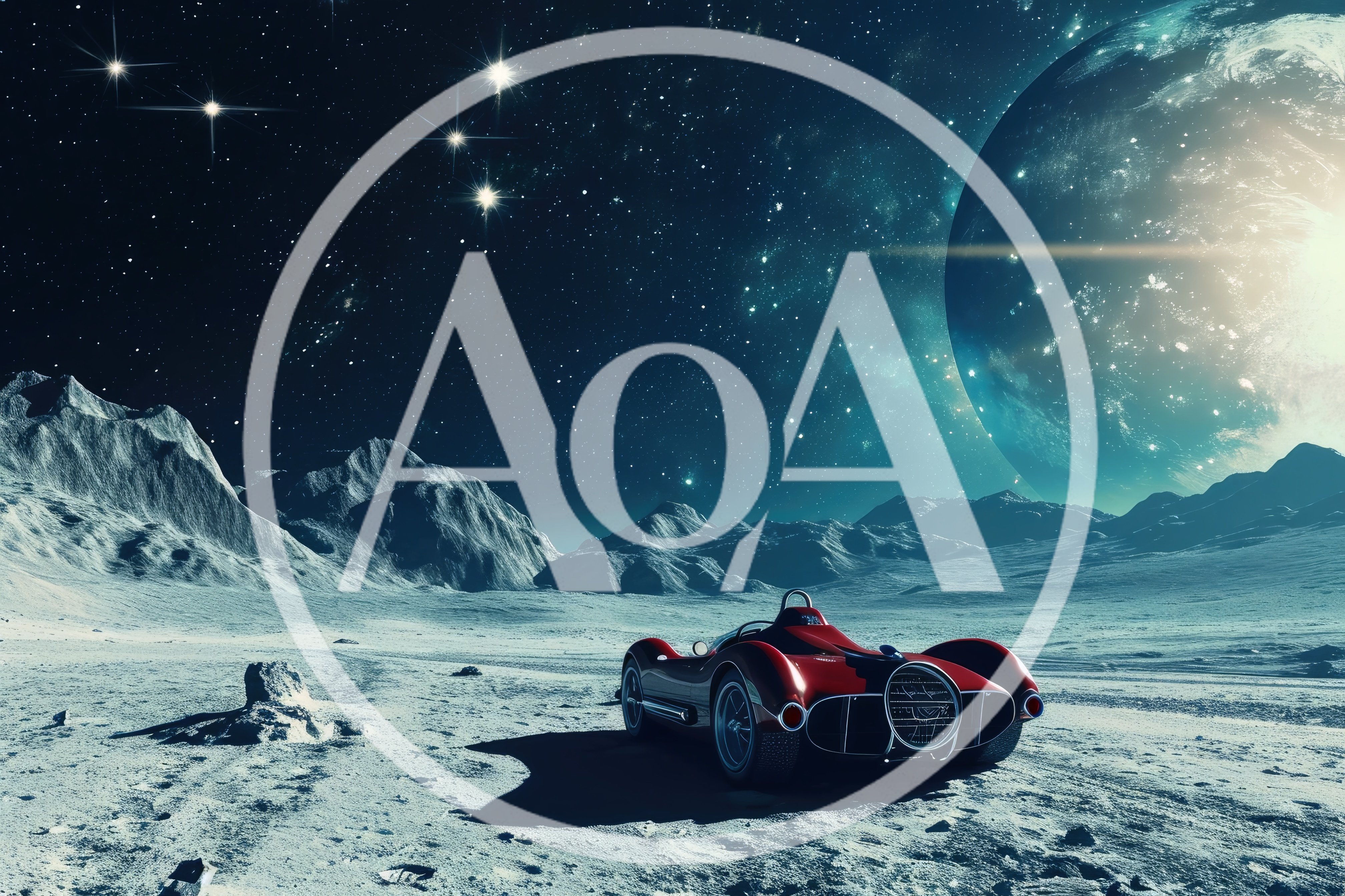 Vintage Red Sports Car Parked On Lunar Surface