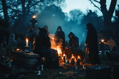 Cultists Gathering Around A Fire In A Dark Cemetery
