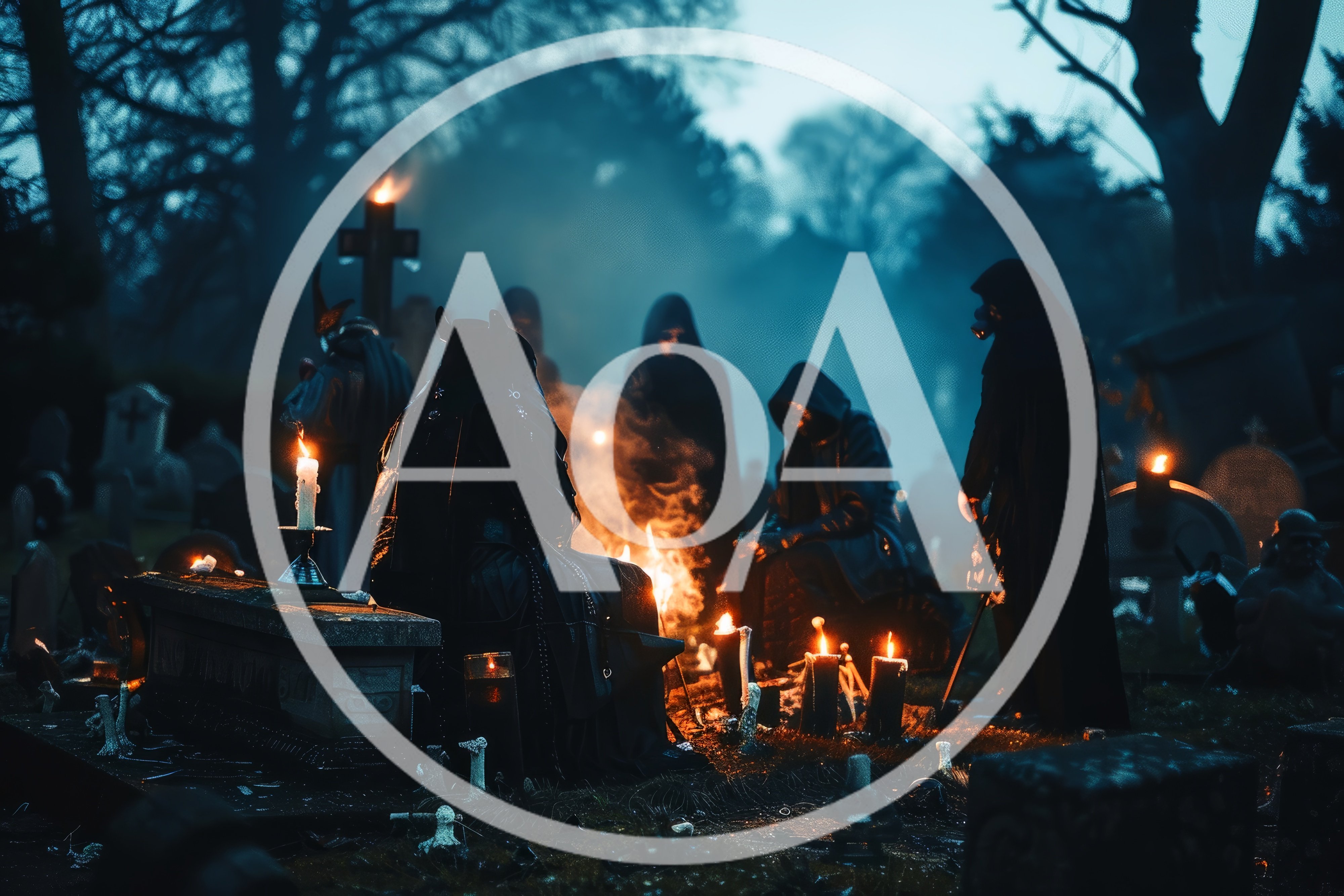 Cultists Gathering Around A Fire In A Dark Cemetery