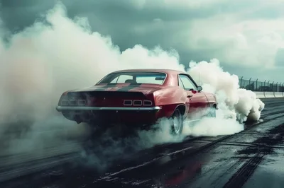 Red Muscle Car Performing A Burnout On Drag Strip