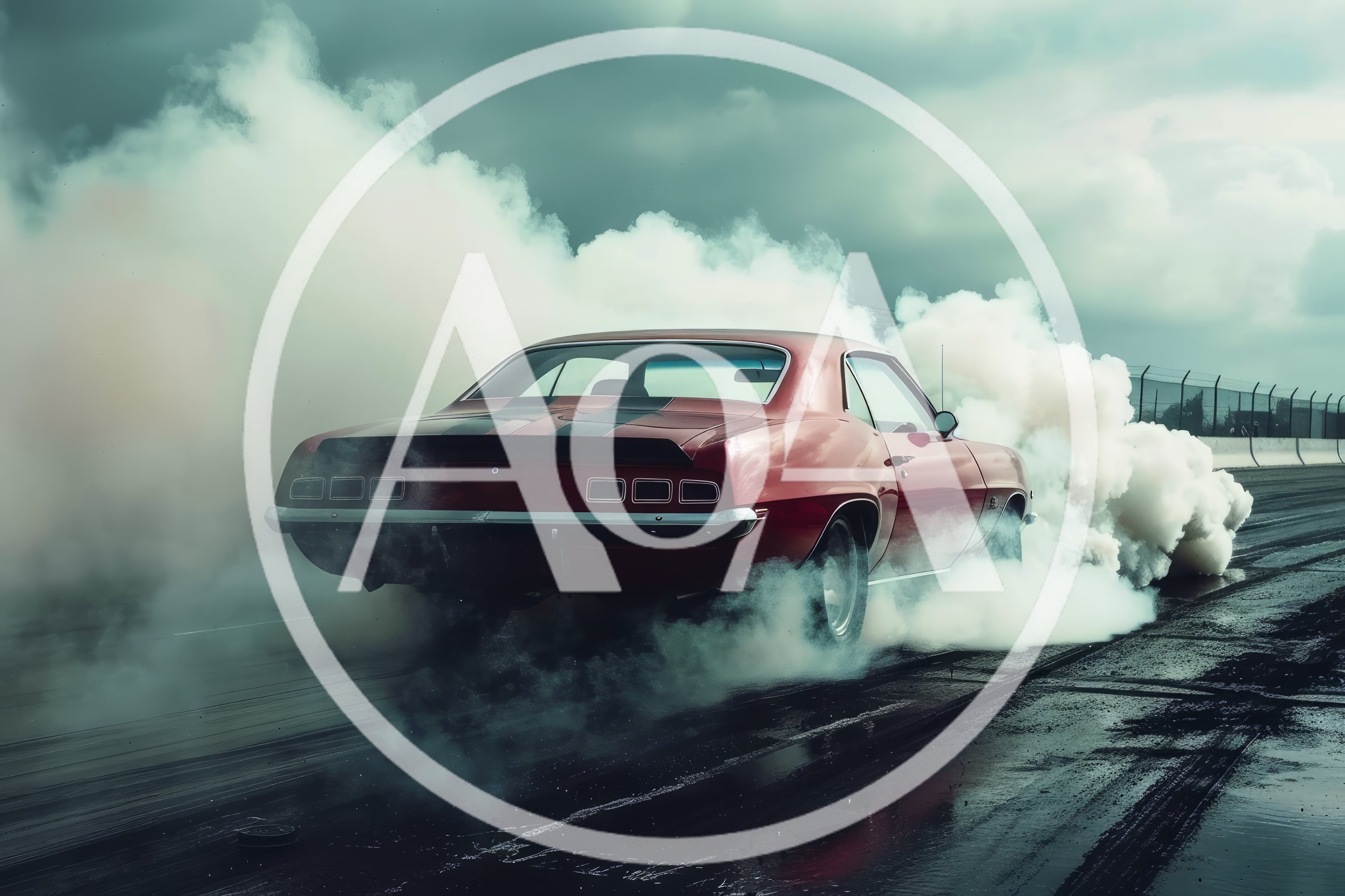 Red Muscle Car Performing A Burnout On Drag Strip