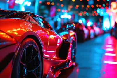 Red Supercar Parked on Neon Lit City Street