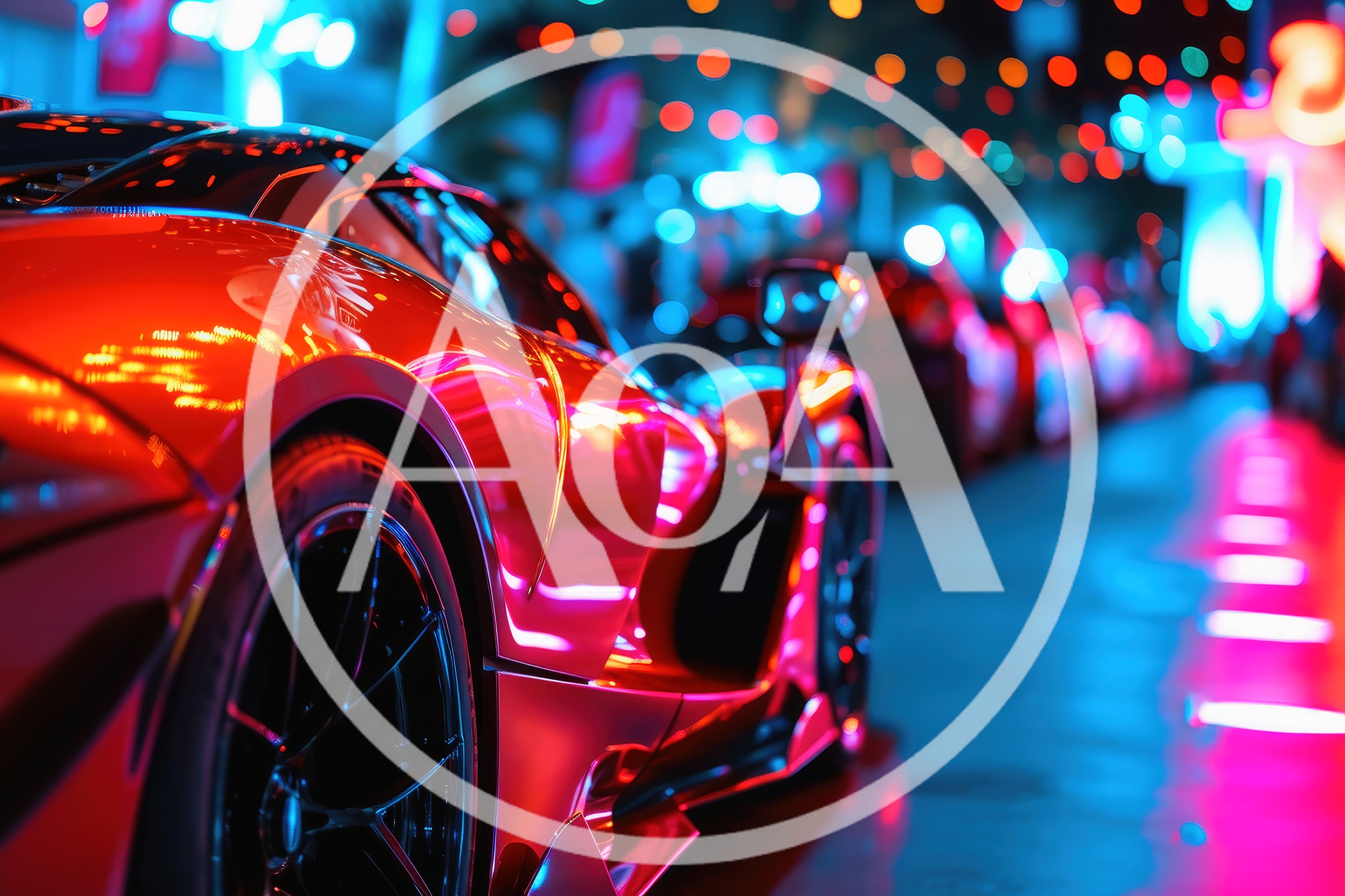 Red Supercar Parked on Neon Lit City Street
