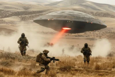 Soldiers Advancing Toward An Alien UFO Attack