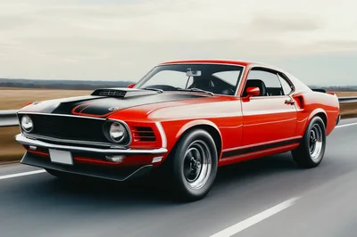 Classic Red Ford Mustang Driving On Highway