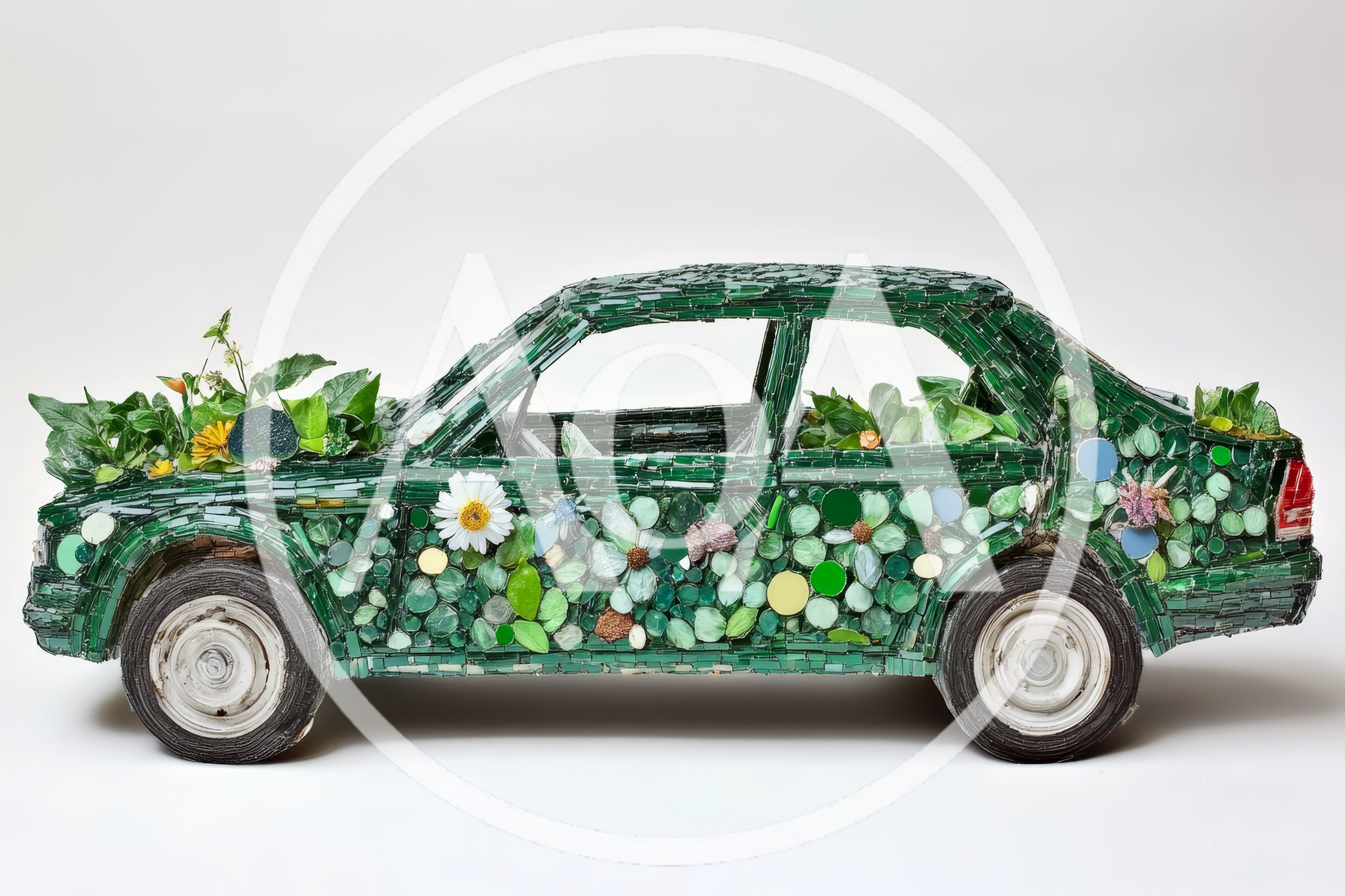 Green Mosaic Car Sculpture With Floral Decorations