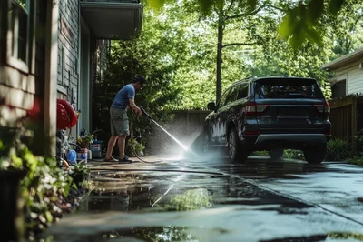 Man Washing Dark SUV With Pressure Washer