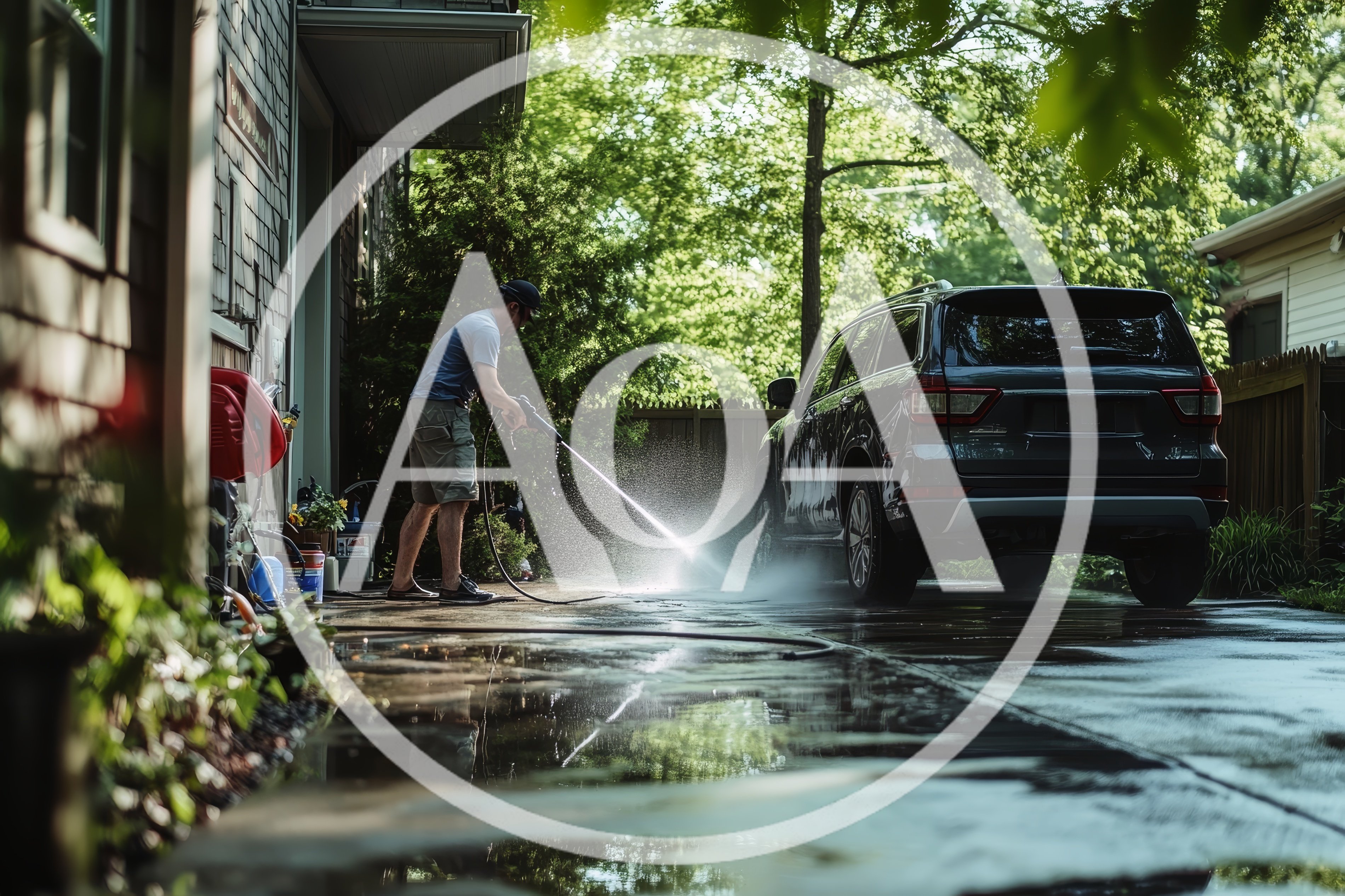 Man Washing Dark SUV With Pressure Washer